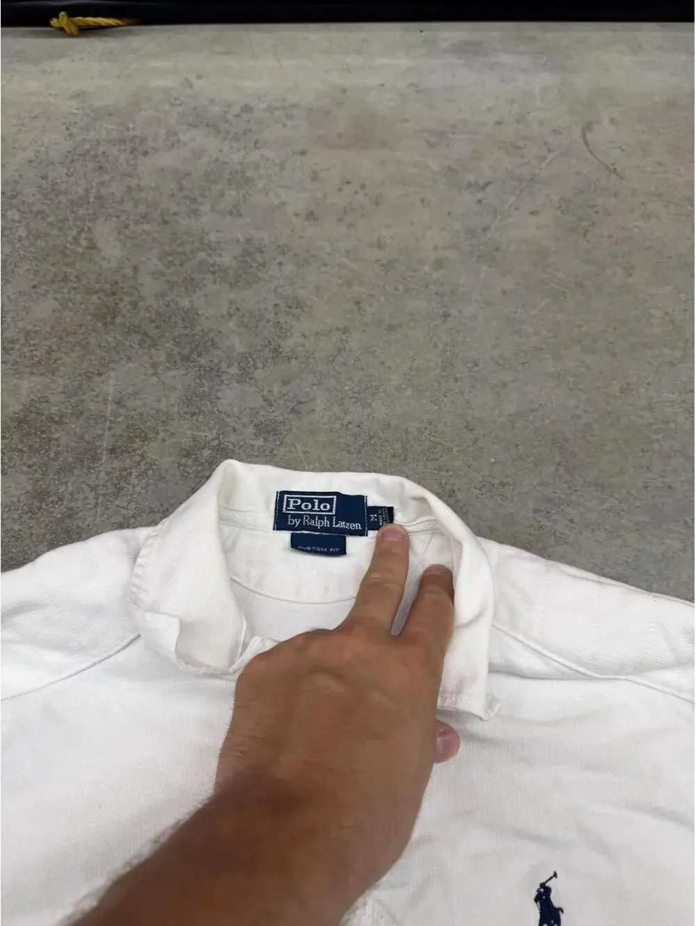 vintage polo ralph lauren white rugby polo shirt size medium HAS STAIN